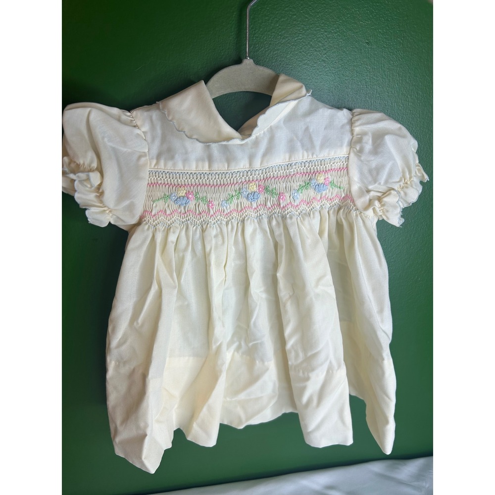 Vintage Baby Togs Smocked Floral Embroidered Dress Cream 12 Months Doll Style